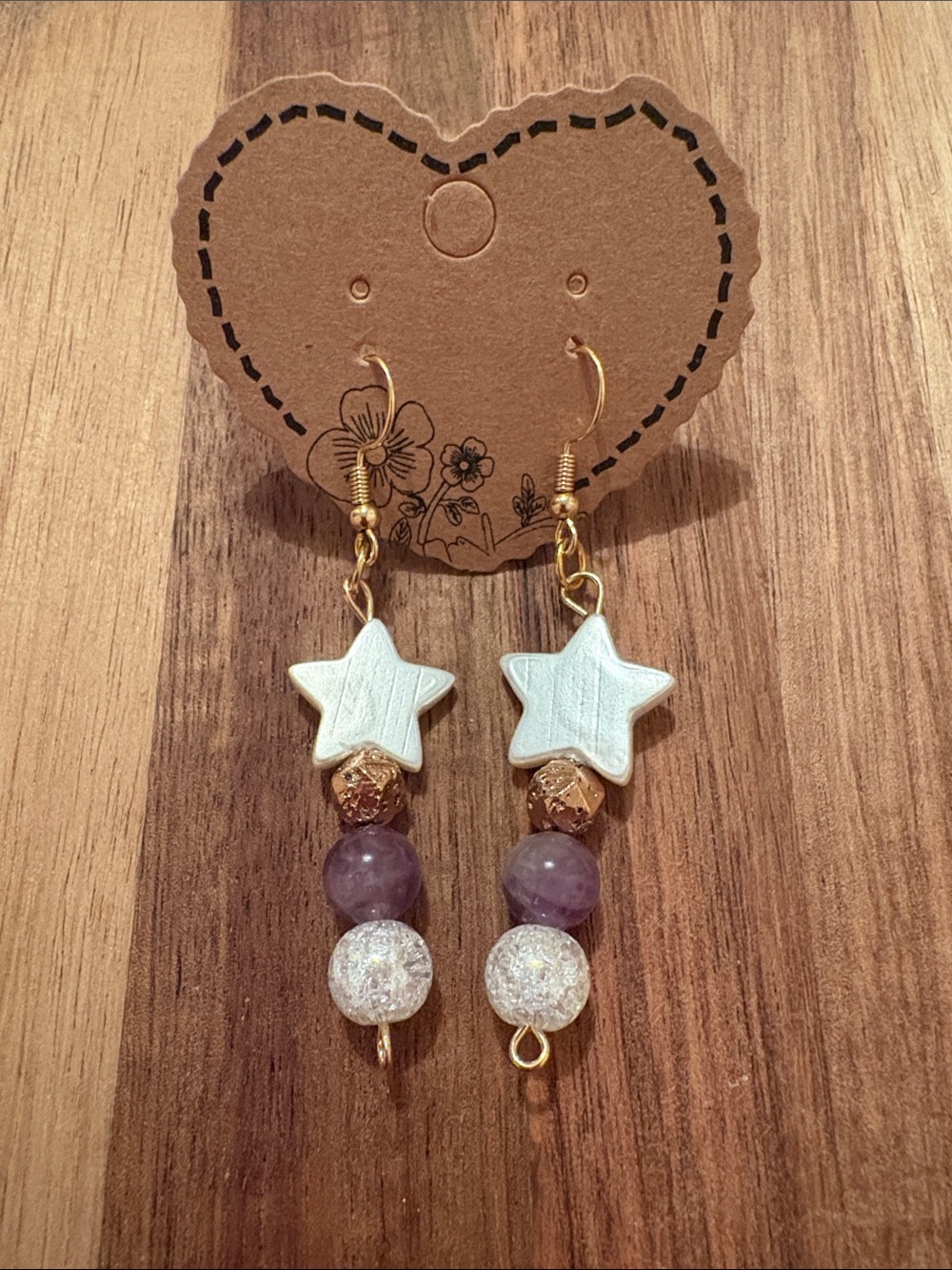 Handmade Star Drop Earrings- Plated Quartz, Amethyst, Lava Stone, Shell